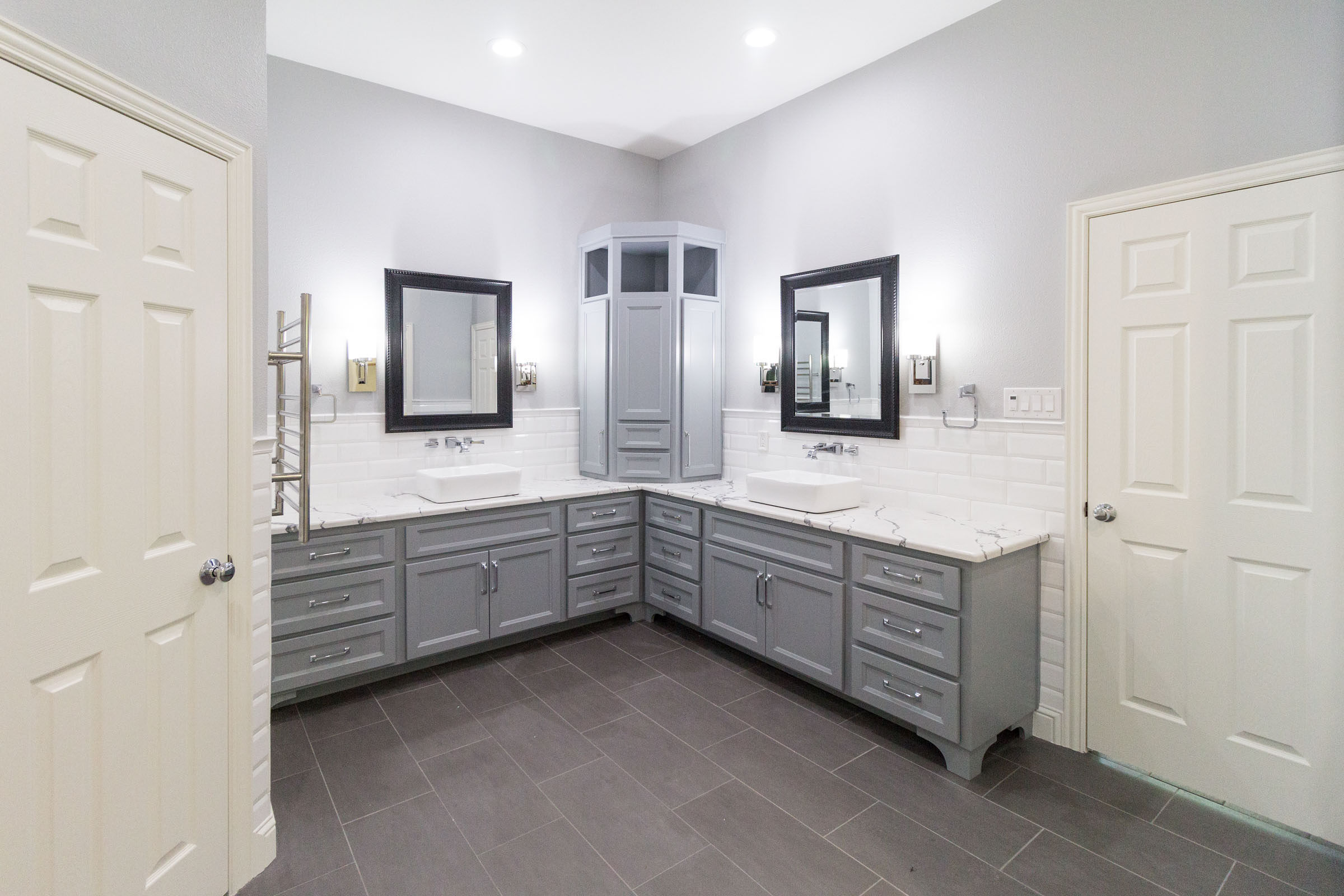 Bathroom remodel with grey and white features, contemporary style, clean and bright