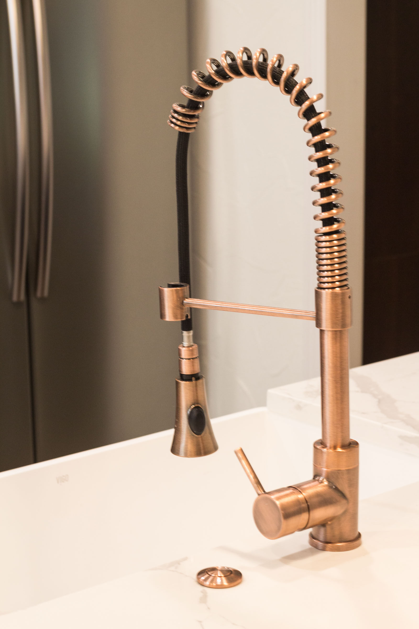 Copper swan neck sink faucet with built in disposal button